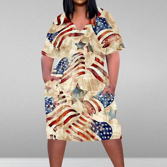 Viikei Womens Dresses Summer,Elegant Pleated Short Sleeve Dress,Plus Size Dress for Women V Neck Summer Printing Sundresses Knee Short Sleeve with Pockets Beige XL