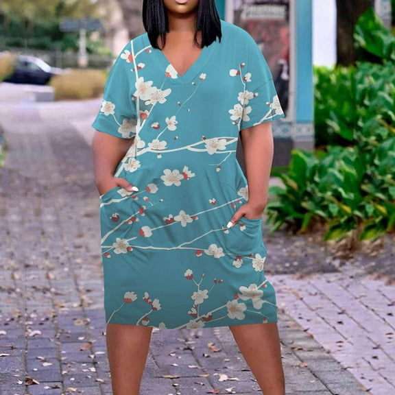 Viikei Womens Dresses Summer,Elegant Pleated Short Sleeve Dress,Plus Size Dress for Women V Neck Summer Printing Sundresses Knee Short Sleeve with Pockets Blue XXXXL