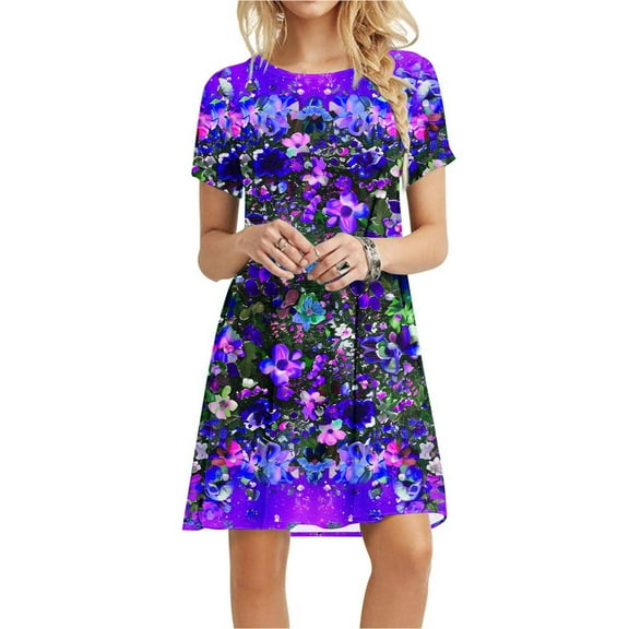 Viikei Womens Dresses Summer,Elegant Pleated Short Sleeve Dress,Women's Short Sleeved Dress with Floral Print Round Neck Dress Multicolor M