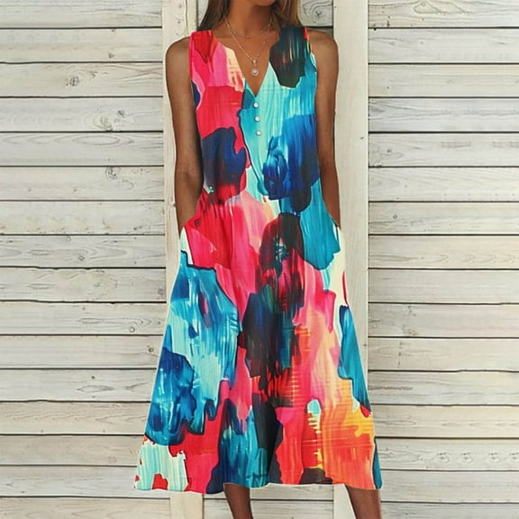 Viikei Womens Dresses Summer,Elegant Satin Short Sleeve Dress,New Women's V-neck Button Button Sleeveless Printed Long Dress Blue S