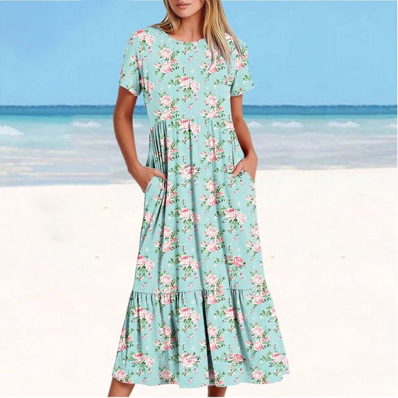 Viikei Womens Dresses Summer,Elegant Short Sleeve Dress for Women,Women's Printing Casual Short Sleeve Crewneck Dress Flowy Tiered Maxi Beach Dress with Pockets Light Blue M