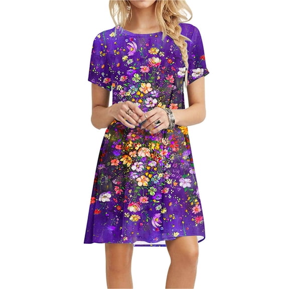 Viikei Womens Dresses Summer,Elegant Short Sleeve Dress for Women,Women's Short Sleeved Dress with Floral Print Round Neck Dress Multicolor S