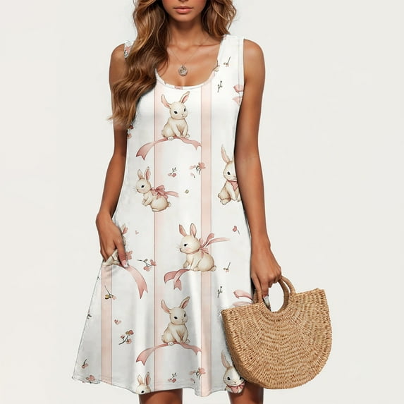 Viikei Womens Dresses Summer,Sun Dresses for Women Plus Size,Easter Ladies Casual Plus-size Sleeveless Crew Neck Short Dress Beige L