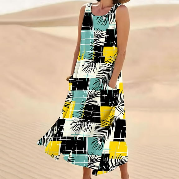 Viikei Womens Dresses Summer,Sun Dresses for Women Plus Size,New Women's Sleeveless and Linen Round Neck Printed Long Dress Yellow XL