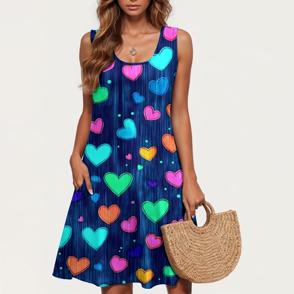 Viikei Womens Dresses Summer,Sun Dresses for Women Plus Size,Valentine's Day Women Casual Plus-size Sleeveless Crew Neck Print Short Dress Blue L