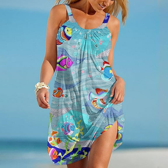 Viikei Womens Dresses Summer,Sun Dresses for Women Plus Size,Women's Sleeveless Round Neck Printed Casual Daily Beach Medium Style Dress Blue M