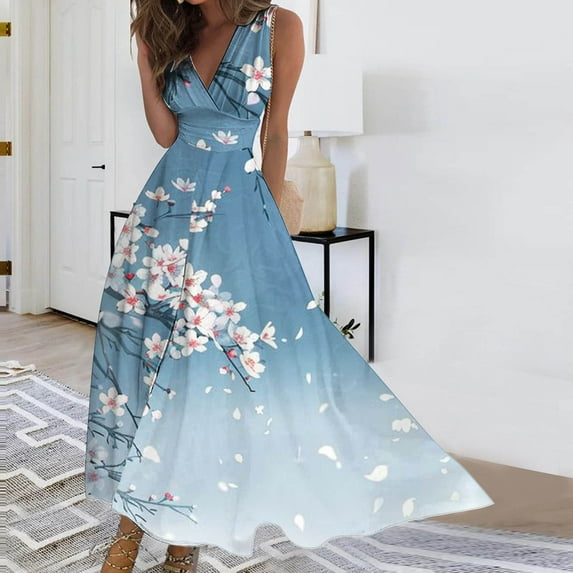 Viikei Womens Dresses Summer,Sun Dresses for Women Plus Size,Women's Spring/Summer Sleeveless Color V-Neck Wrapped Chest Dress Long Dress Blue XXXL