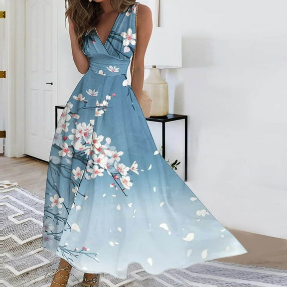 Viikei Womens Dresses Summer,Sun Dresses for Women Plus Size,Women's Spring/Summer Sleeveless Color V-Neck Wrapped Chest Dress Long Dress Blue XXXL