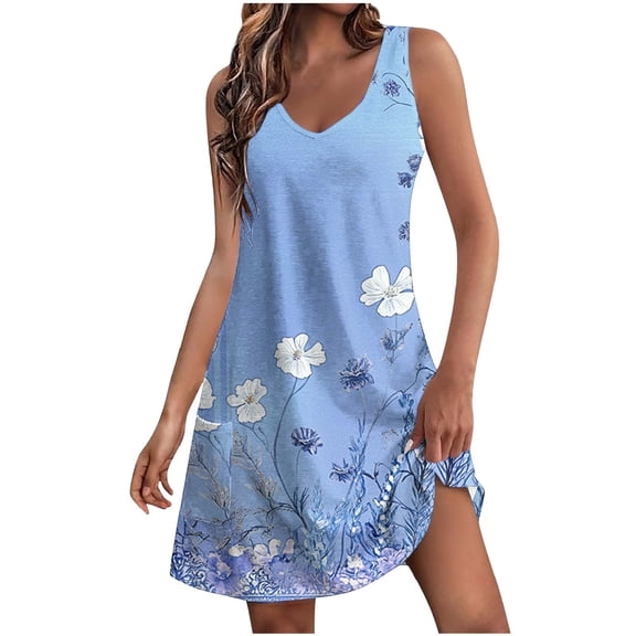 Viikei Womens Dresses Summer,Sun Dresses for Women Plus Size,Women's Summer Casual Fashion Printing Pocket Sleeveless V-Neck Dress Multicolor L