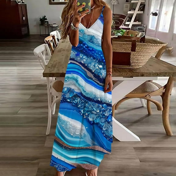 Viikei Womens Dresses Summer,Sun Dresses for Women Plus Size,Women's Summer Fashion Ethnic Style Printed V-neck Sleeveless Strap Dress Blue S