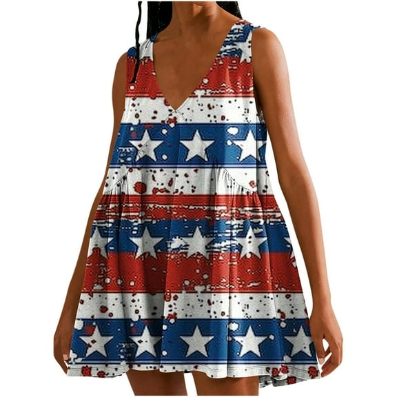 Viikei Womens Dresses Summer,Sun Dresses for Women Plus Size,Women's Summer Print Casual Loose Sleevless V-Neck Dress Blue XXL