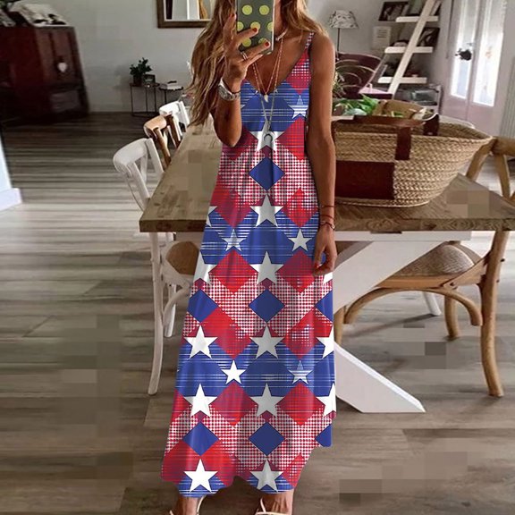 Viikei Womens Dresses Summer,Sun Dresses for Women Plus Size,Women's Summer Print Casual Loose Sleevless V-Neck Dress Red L