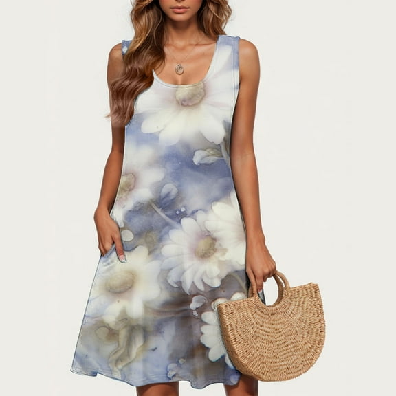 Viikei Womens Dresses Summer,Sun Dresses for Women Plus Size,Ladies' Fashion Trend Floral Print Sleeveless Round Neck Knee Length Skirt Multicolor XXL