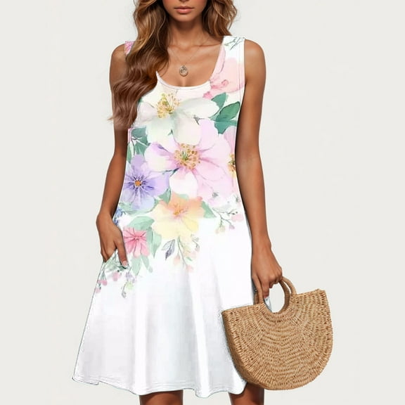 Viikei Womens Dresses Summer,Sun Dresses for Women Plus Size,Women's Spring/Summer Casual Sleeveless Round Neck Fashion Floral Print Dress Sleeveless Round Neck Dress Multicolor L
