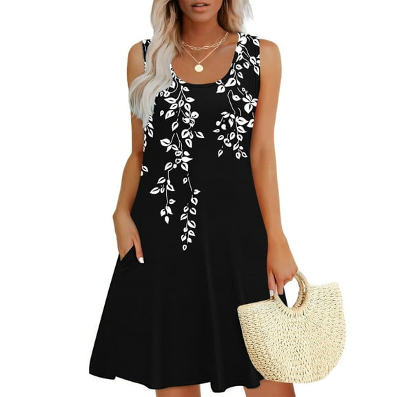Viikei Womens Dresses Summer,Women Casual Loose Summer Printed Dress Sleeveless V-neck Top/shirt Set Black S