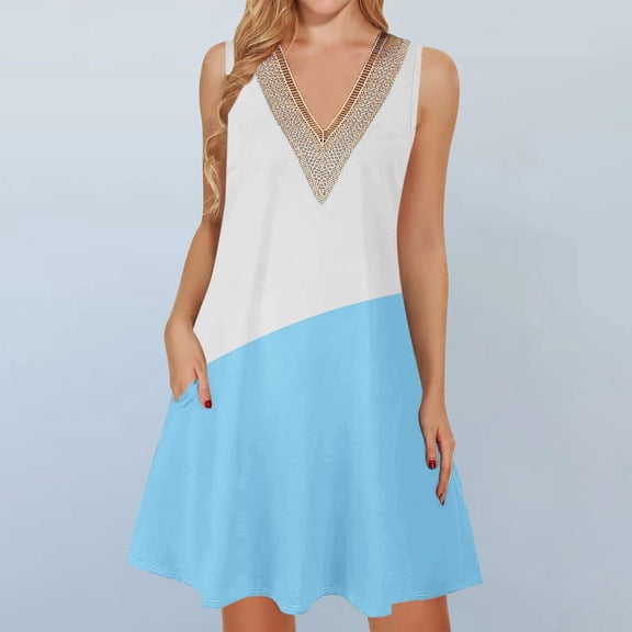 Viikei Womens Dresses Summer,Women's Printed Lace Sleeveless Pocket V-Neck Dress Light Blue L