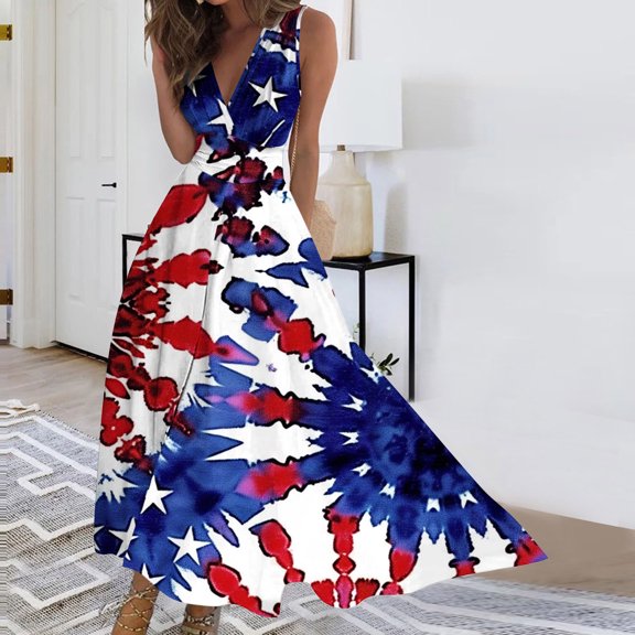 Viikei Womens Dresses Summer,Women's Summer Print Casual Loose Sleevless V-Neck Dress Dark Blue M