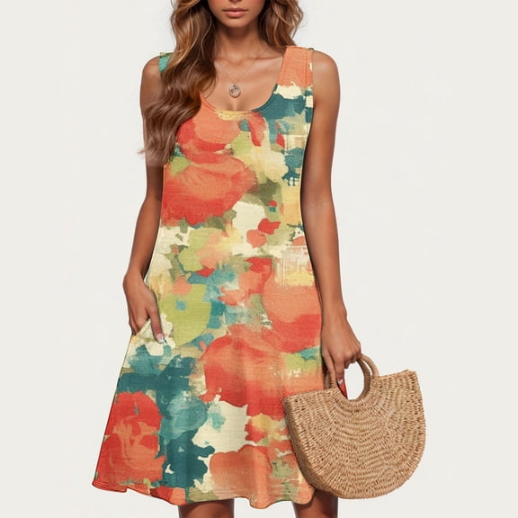 Viikei Womens Dresses for Wedding Guest,Plus Size Summer Maxi Dress for Women,Ladies' Fashion Trend Floral Print Sleeveless Round Neck Knee Length Skirt Multicolor S