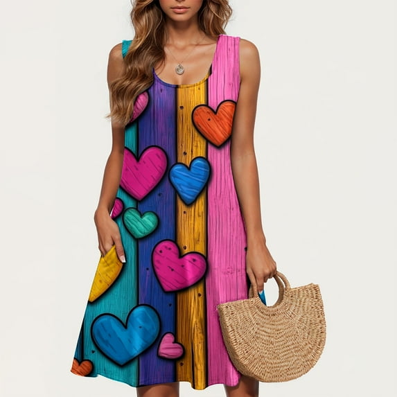 Viikei Womens Dresses for Wedding Guest,Plus Size Summer Maxi Dress for Women,Valentine's Day Women Casual Plus-size Sleeveless Crew Neck Print Short Dress Light Blue S