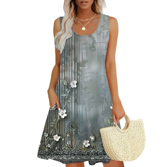 Viikei Womens Dresses for Wedding Guest,Plus Size Summer Maxi Dress for Women,Women Casual Loose Summer Printed Dress Sleeveless V-neck Top/shirt Set Gray S