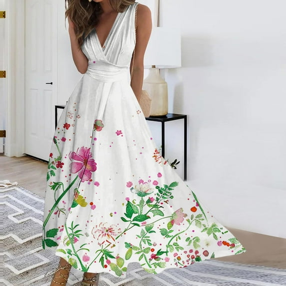 Viikei Womens Dresses for Wedding Guest,Summer Dresses for Juniors,Women's Spring/Summer Sleeveless Color V-Neck Wrapped Chest Dress Long Dress White XL