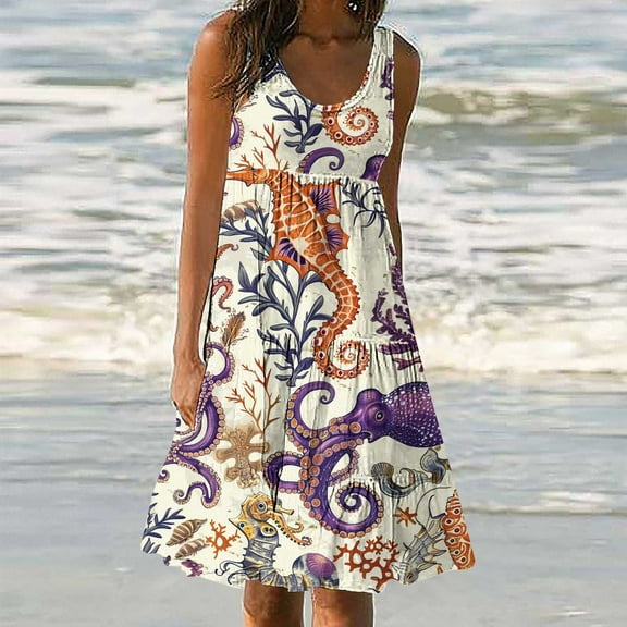Viikei Womens Dresses for Wedding Guest,Summer Dresses for Women Plus Size,Womens Fashion Holiday Summer Casual Printing Sleeveless Party Beach Loose Dress White XXXXL
