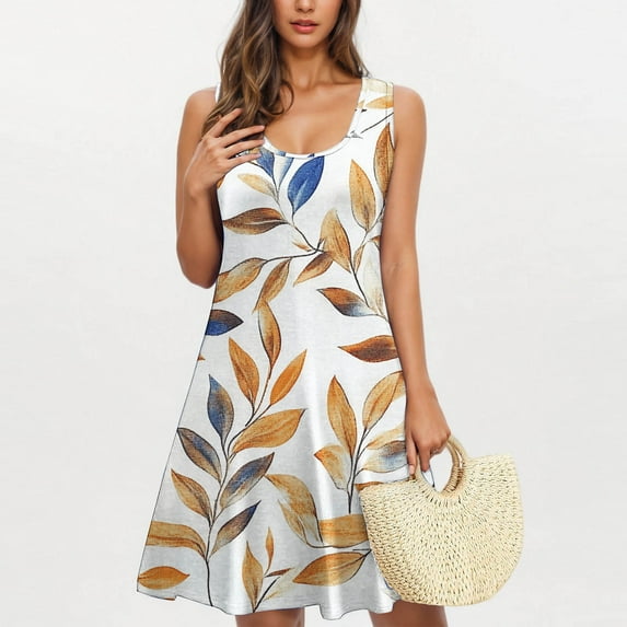 Viikei Womens Dresses for Wedding Guest,Dresses for Women Clearance,Fashion Women's Casual Printed Pocket Sleeveless Round Neck Dress White M