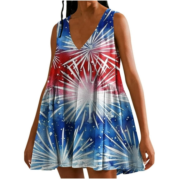 Viikei Womens Dresses for Wedding Guest,Dresses for Women Clearance,Women's Summer Print Casual Loose Sleevless V-Neck Dress Blue S