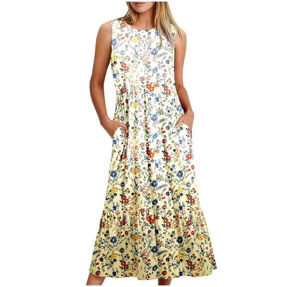 Viikei Womens Dresses for Wedding Guest,Ladies' Round Neck Sleeveless Mid Calf Double Pocket Printed Dress Multicolor M