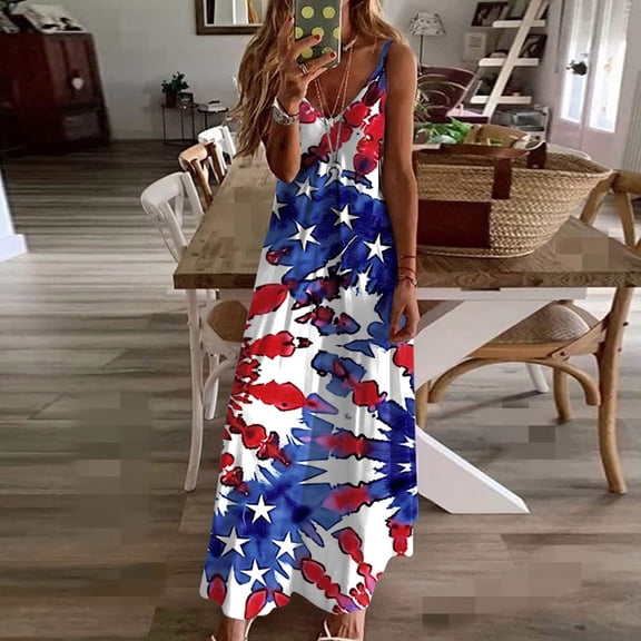 Viikei Womens Dresses for Wedding Guest,Plus Size Summer Maxi Dress for Women,Women's Summer Print Casual Loose Sleevless V-Neck Dress Dark Blue S