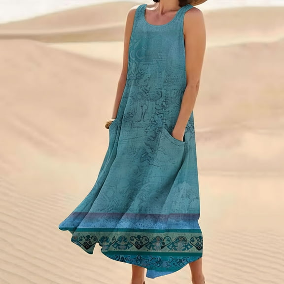 Viikei Womens Dresses for Wedding Guest,Summer Dresses for Juniors,New Women's Sleeveless and Linen Round Neck Printed Long Dress Green S