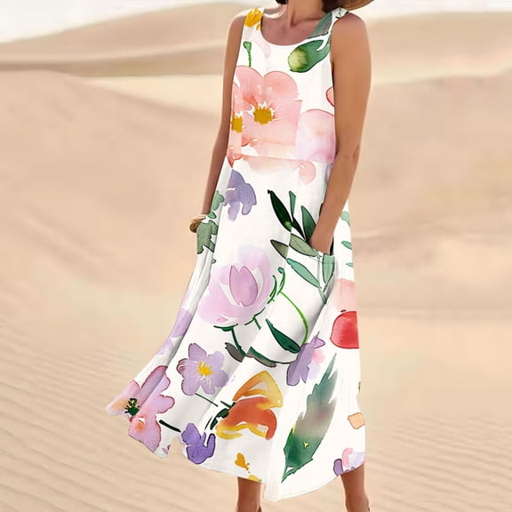 Viikei Womens Dresses for Wedding Guest,Summer Dresses for Juniors,Women's Sleeveless and Linen Round Neck Printed Long Dress with Pocket Pink S
