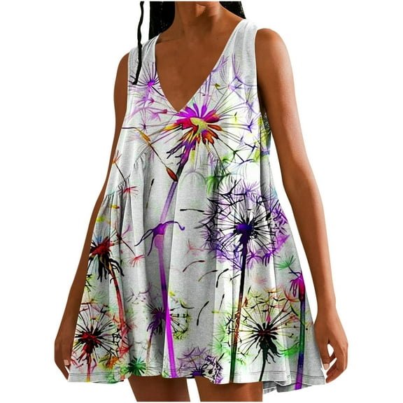 Viikei Womens Dresses for Wedding Guest,Summer Dresses for Juniors,Women's Summer Print Casual Loose Sleevless V-Neck Dress Purple M