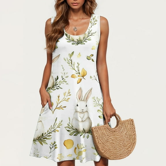 Viikei Womens Dresses for Wedding Guest,Summer Dresses for Women Plus Size,Easter Ladies Casual Plus-size Sleeveless Crew Neck Short Dress White XXL