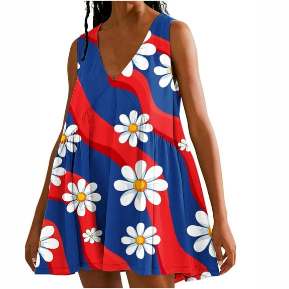Viikei Womens Dresses for Wedding Guest,Summer Dresses for Women Plus Size,New Women's Casual Loose V-neck Sleeveless Printed Short Dress Red S