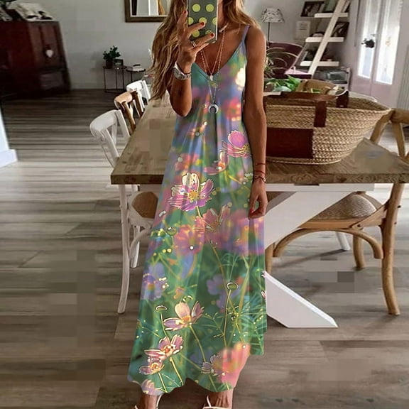 Viikei Womens Dresses for Wedding Guest,Summer Dresses for Women Plus Size,Women's Summer Print Casual Loose Sleevless V-Neck Dress Green S
