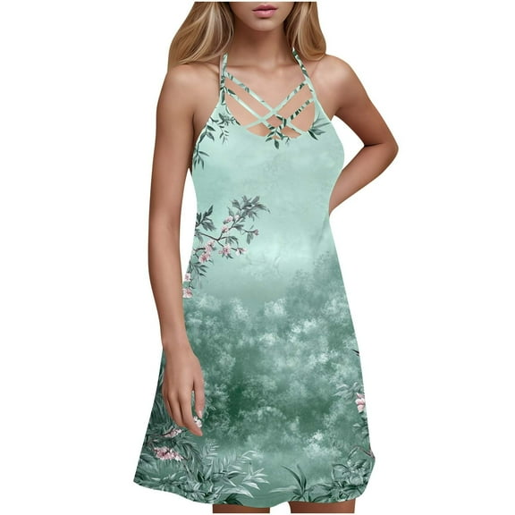 Viikei Womens Dresses for Wedding Guest,Women Summer Dresses Beach Lace Panel Print Sleeveless Casual Loose Tank Dress Green S