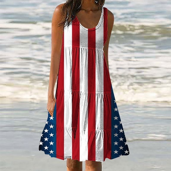 Viikei Womens Dresses for Wedding Guest,Women's Summer Print Casual Loose Sleevless Crew Neck Dress Red XXXL