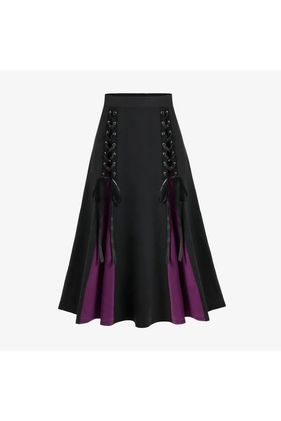 Womens Fall Fashion 2025 Women Plus Size Bandage Patchwork High Waist Midi Skirt Gothic Pleated Skirt