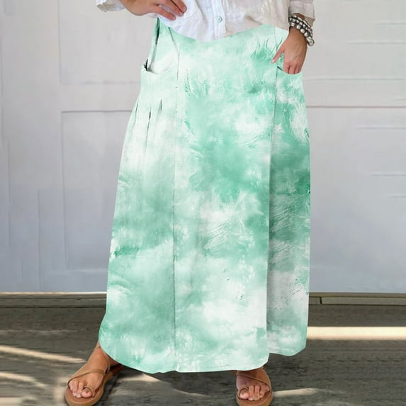 Viikei Womens Flowy Long Maxi Skirt,Women's Printed Elastic Waistband Pleated Pocket Skirt With Mid Calf Skirt Mint Green M
