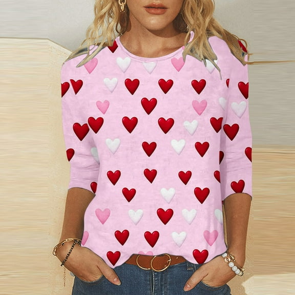 Viikei Womens Hoodies,Blouses for Women Fashion Casual,Women's Loose Medium Long Sleeve 3/4 Sleeve Valentine's Day Printed Crew-neck Top/shirt Multicolor S