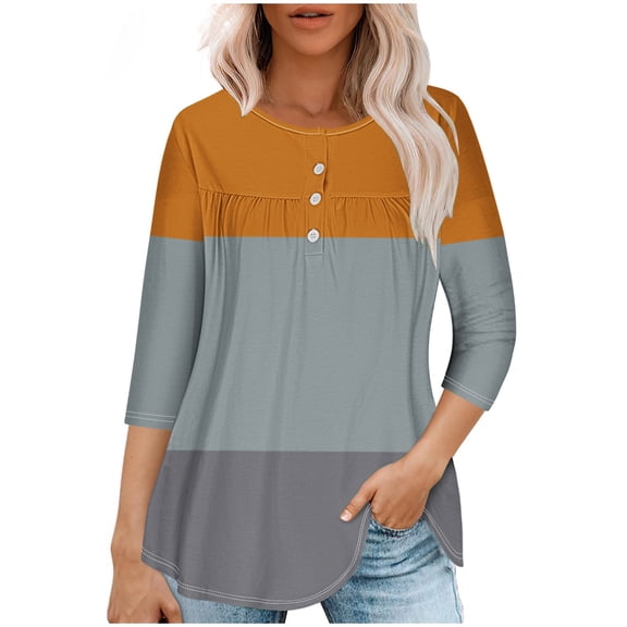 Tops for Women Trendy Viikei Womens Hoodies Pullover,Women Casual Summer Printed T-shirt Quarter Sleeve Round Neck Ruched Pullover Blouse Tops Orange XL