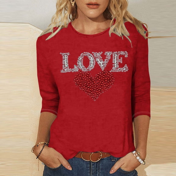 Viikei Womens Hoodies Sweatshirts,Long Sleeve Shirts for Women Fall Womens Tops,Ladies' Valentine's Day Fashion Printed Round Neck Three Quarter Sleeve 3/4 Sleeve T-shirt Loose Top Red XXL