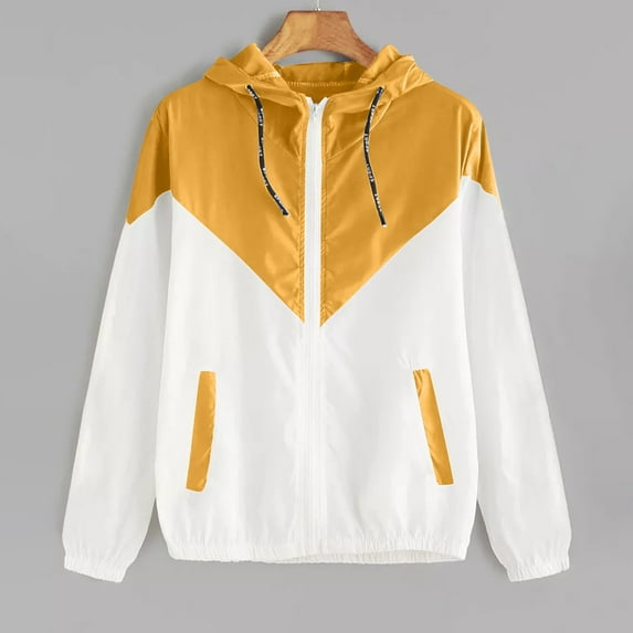 Viikei Womens Jackets Clearance Clothes under $10,Fashion Women Long-sleeved Pocket Color-block Elastic Waist Hooded Jacket Yellow XL