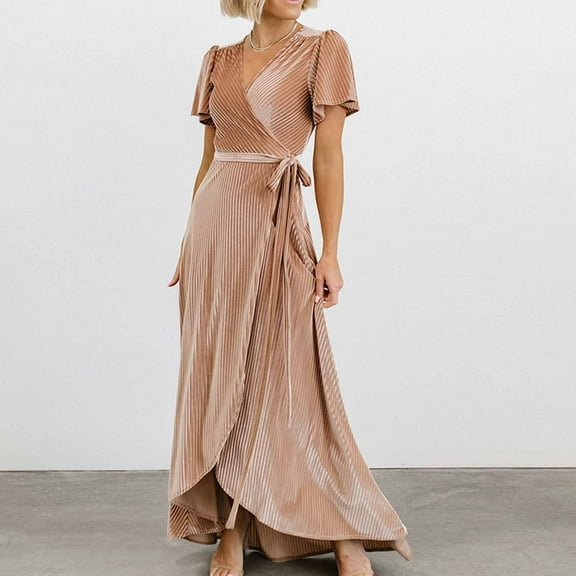 Viikei Womens Lace Maxi Dress Evening Party Elegant,Women Fashion Sexy Summer Strip V-Neck Short Sleeve Solid Color Party formal Long Dress Orange XL