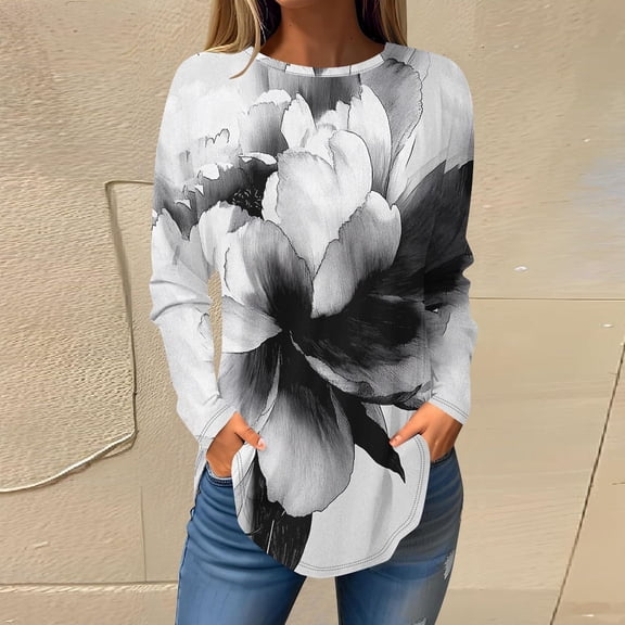 Viikei Womens Light Crew Neck Long Sleeve Blouse,Women's Long-sleeved Crew-neck Drop Shoulder Casual Printed Black S