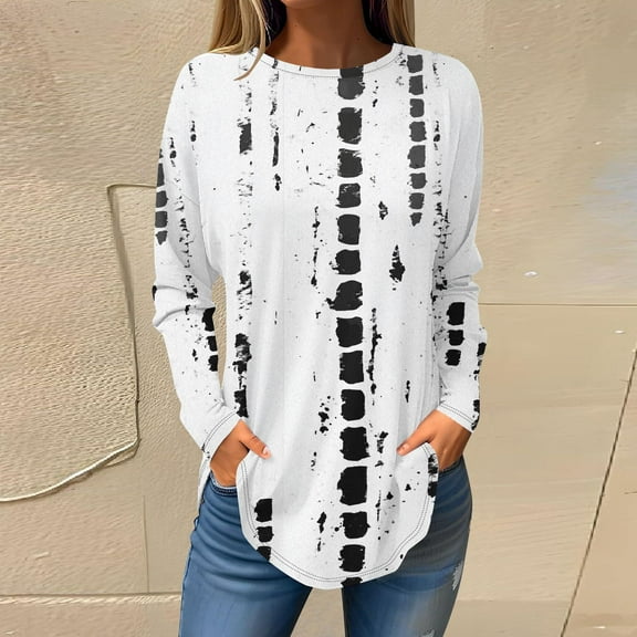 Viikei Womens Lightweight Crew Neck Long Sleeve Top,Women's Long-sleeved Crew-neck Drop Shoulder Casual Printed White L