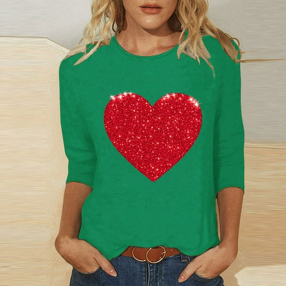 Viikei Womens Long Sleeve Shirts,2025 New Year Women's Casual Printed Round Neck Three Quarter Sleeve 3/4 Sleeve T-shirt Top Green M