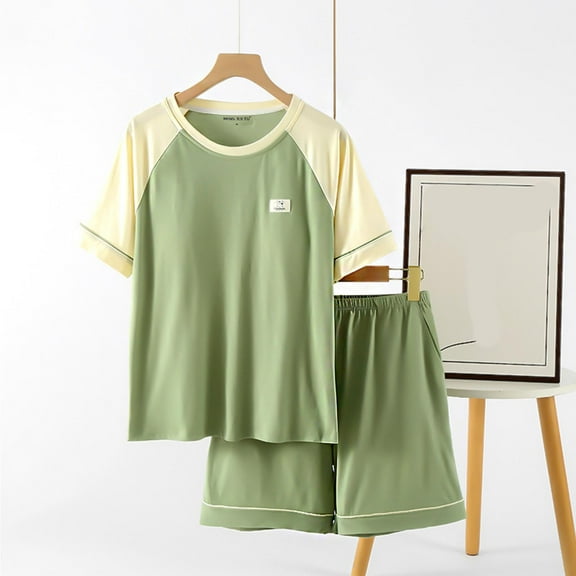 Viikei Womens Pajama Sets,Women's Casual Loose with Chest Cushion Round Neck Short Sleeve Shorts Set Green M