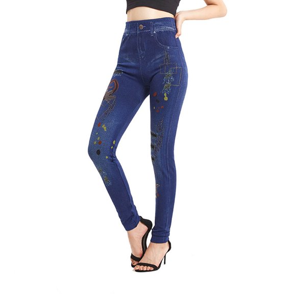 Viikei Womens Pants Clearance Clothes under $5,Women's Fashion Elastic Imitation Denim Print Leggings with Yoga Sport Elastic Pants Blue XXL